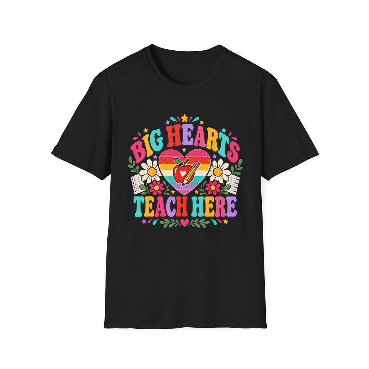 Teacher T‑Shirt — "Big Hearts Teach Here" Colorful Retro Heart & Flowers