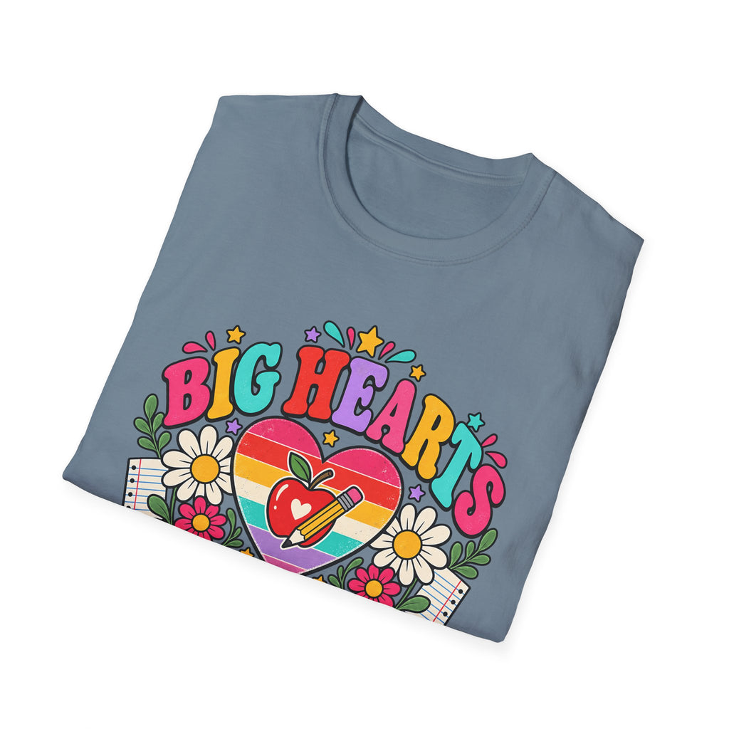 Teacher T‑Shirt — "Big Hearts Teach Here" Colorful Retro Heart & Flowers