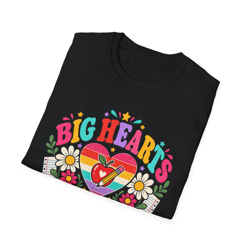 Teacher T‑Shirt — "Big Hearts Teach Here" Colorful Retro Heart & Flowers