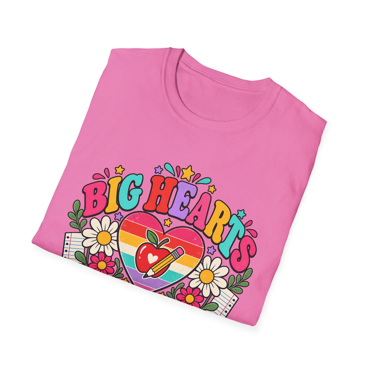 Teacher T‑Shirt — "Big Hearts Teach Here" Colorful Retro Heart & Flowers