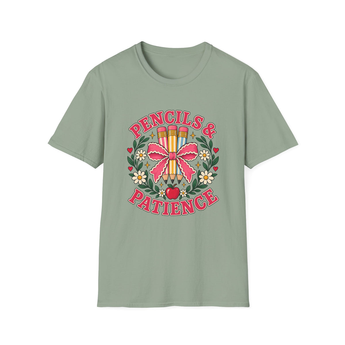 Pencils & Patience Teacher Graphic T-Shirt — Floral Pencil Bouquet Design