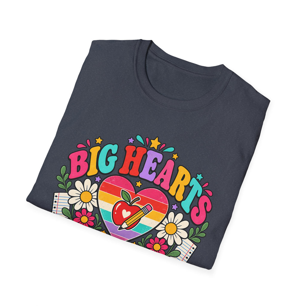 Teacher T‑Shirt — "Big Hearts Teach Here" Colorful Retro Heart & Flowers