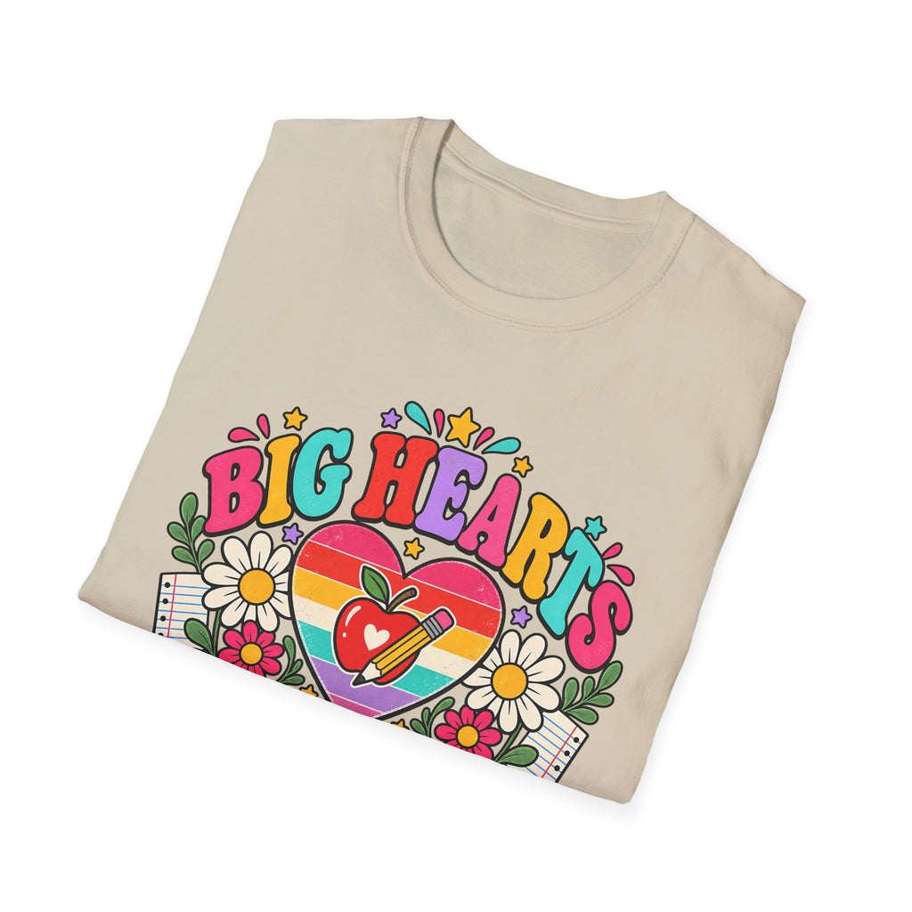 Teacher T‑Shirt — "Big Hearts Teach Here" Colorful Retro Heart & Flowers