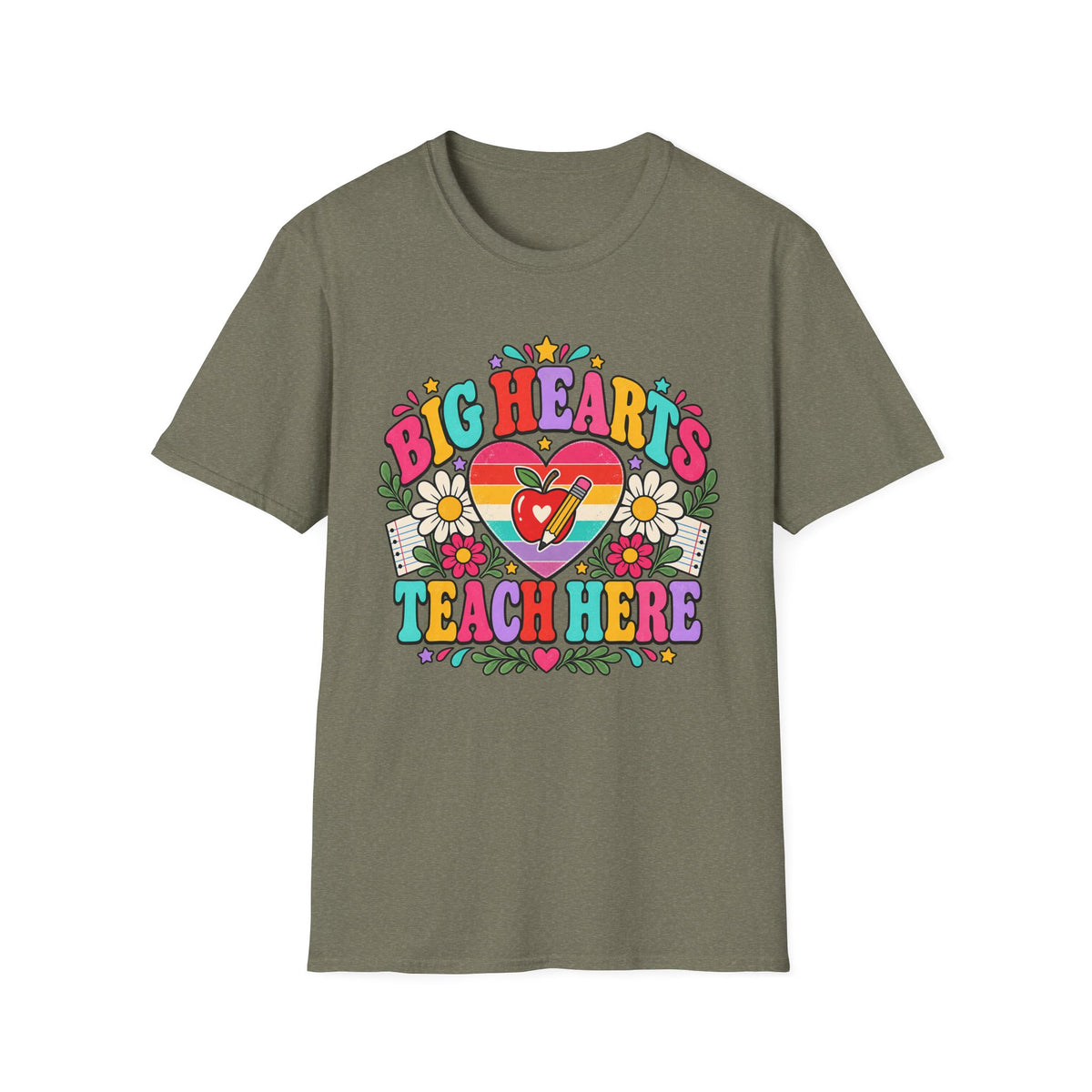 Teacher T‑Shirt — "Big Hearts Teach Here" Colorful Retro Heart & Flowers
