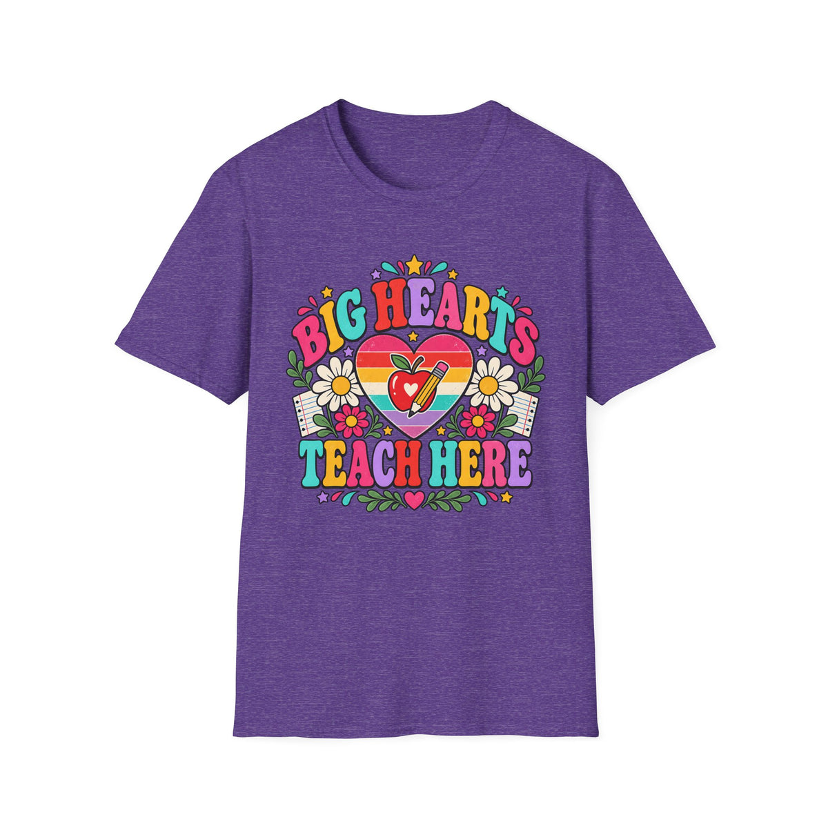 Teacher T‑Shirt — "Big Hearts Teach Here" Colorful Retro Heart & Flowers