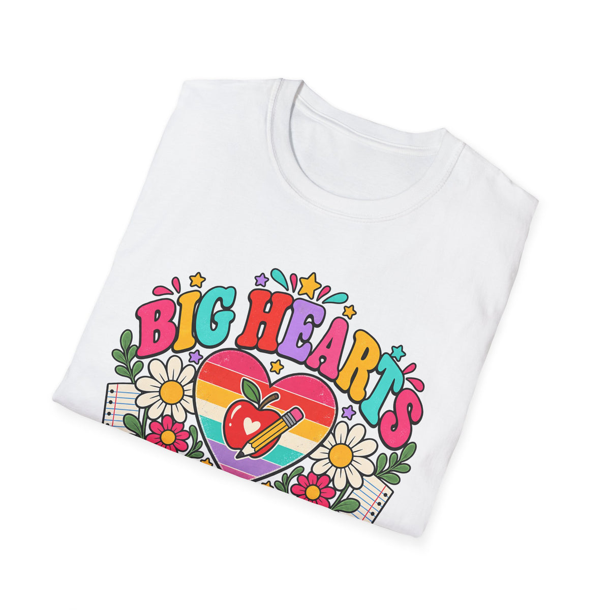 Teacher T‑Shirt — "Big Hearts Teach Here" Colorful Retro Heart & Flowers