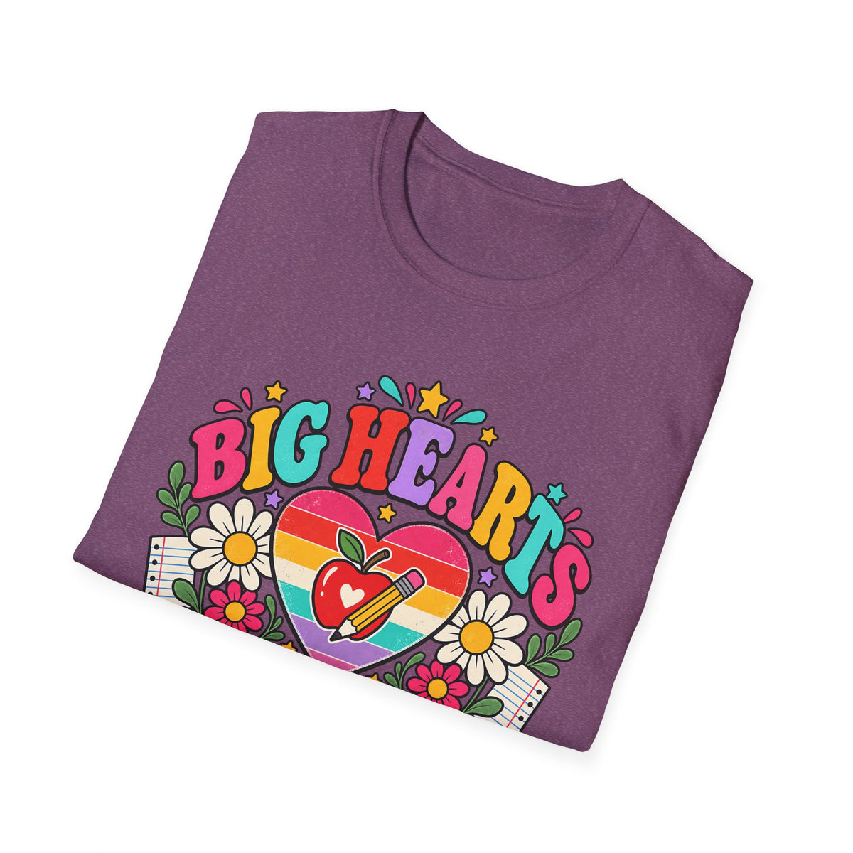 Teacher T‑Shirt — "Big Hearts Teach Here" Colorful Retro Heart & Flowers