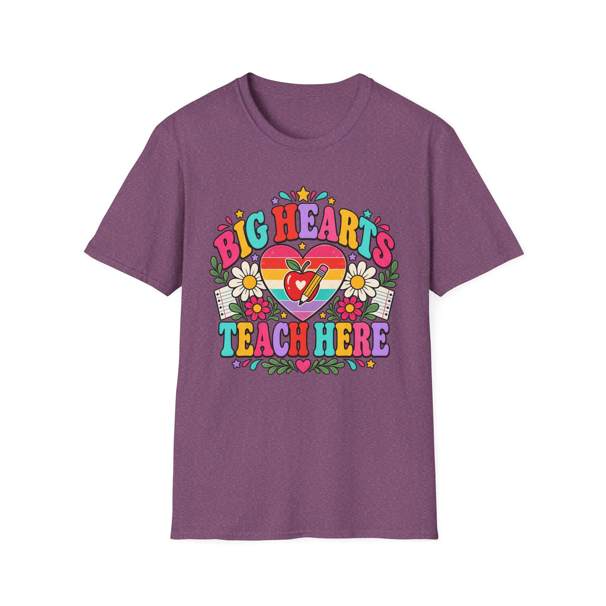 Teacher T‑Shirt — "Big Hearts Teach Here" Colorful Retro Heart & Flowers