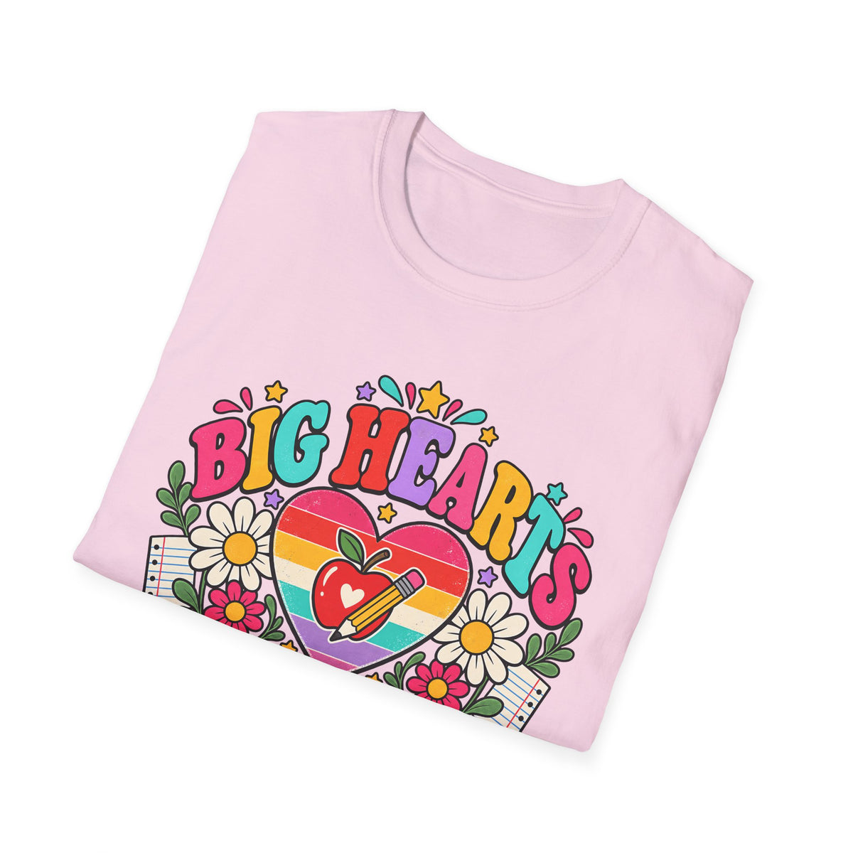 Teacher T‑Shirt — "Big Hearts Teach Here" Colorful Retro Heart & Flowers