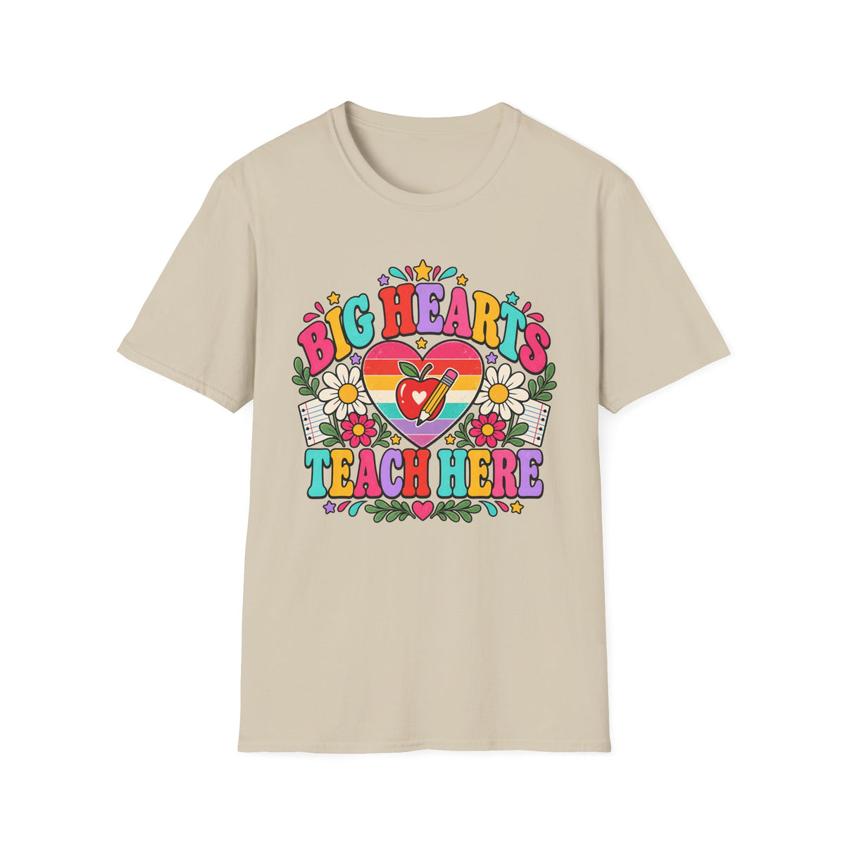 Teacher T‑Shirt — "Big Hearts Teach Here" Colorful Retro Heart & Flowers