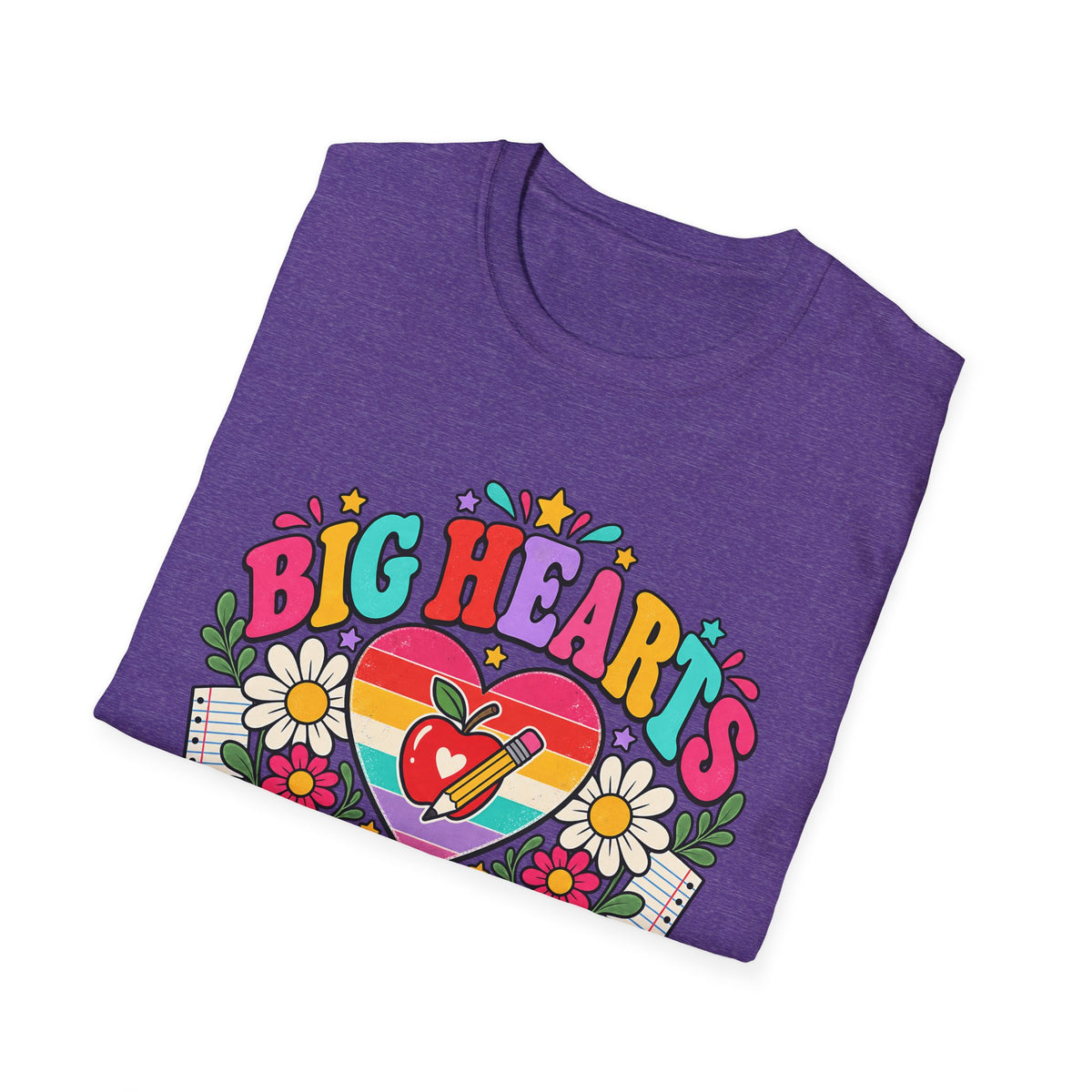 Teacher T‑Shirt — "Big Hearts Teach Here" Colorful Retro Heart & Flowers