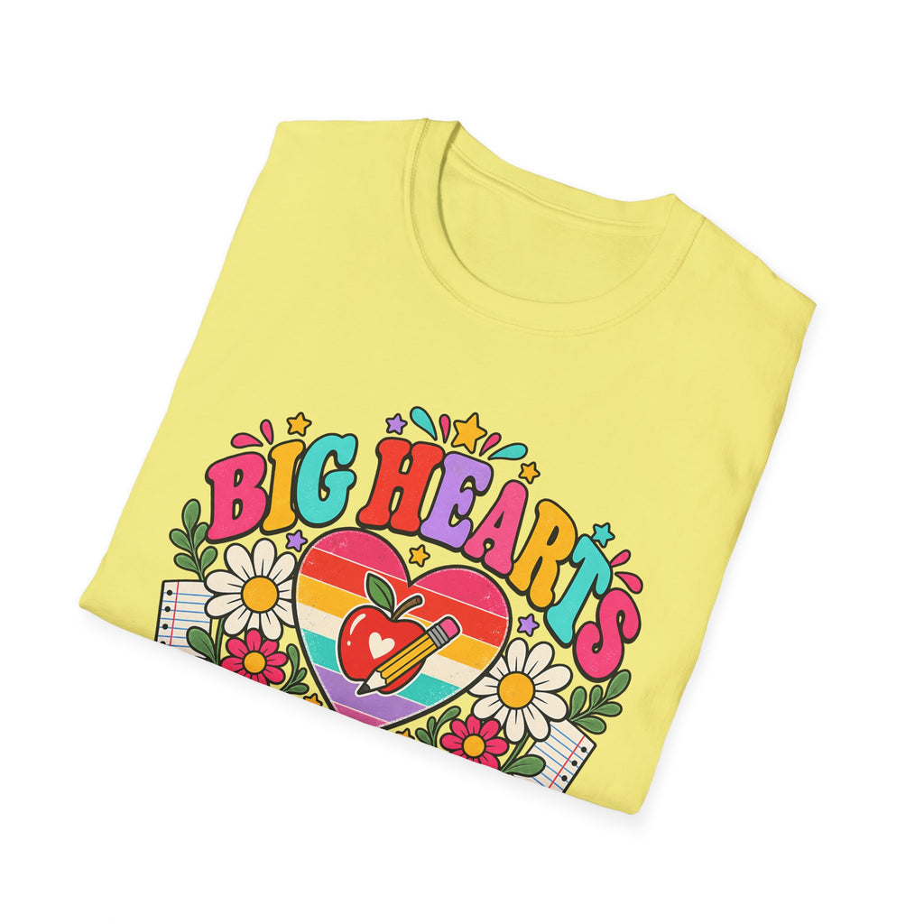 Teacher T‑Shirt — "Big Hearts Teach Here" Colorful Retro Heart & Flowers