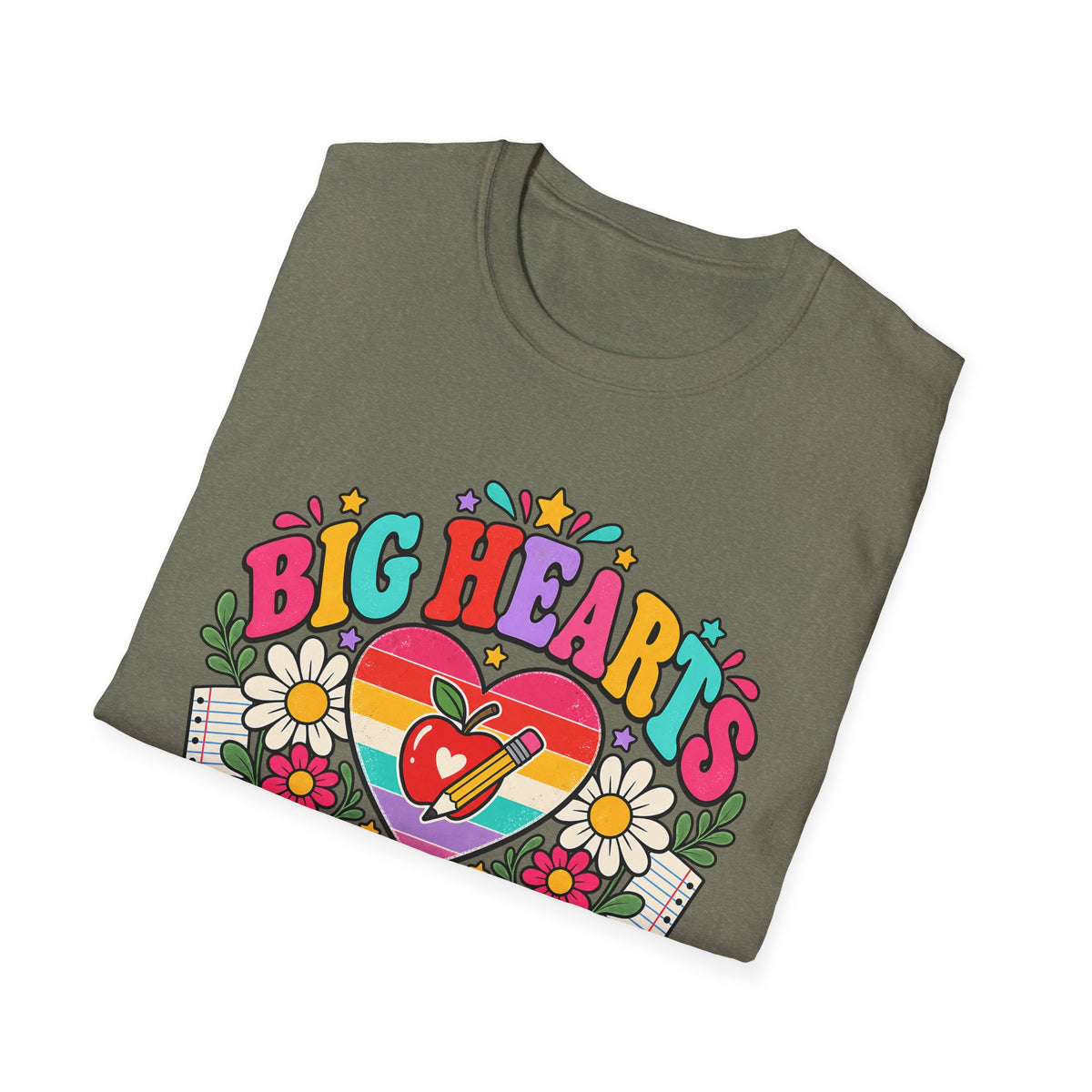Teacher T‑Shirt — "Big Hearts Teach Here" Colorful Retro Heart & Flowers