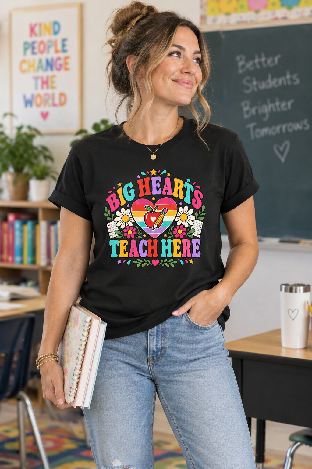 Teacher T‑Shirt — "Big Hearts Teach Here" Colorful Retro Heart & Flowers