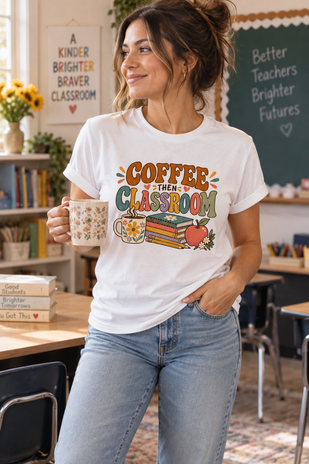 Teacher T-Shirt – “Coffee Then Classroom” Retro Graphic Tee