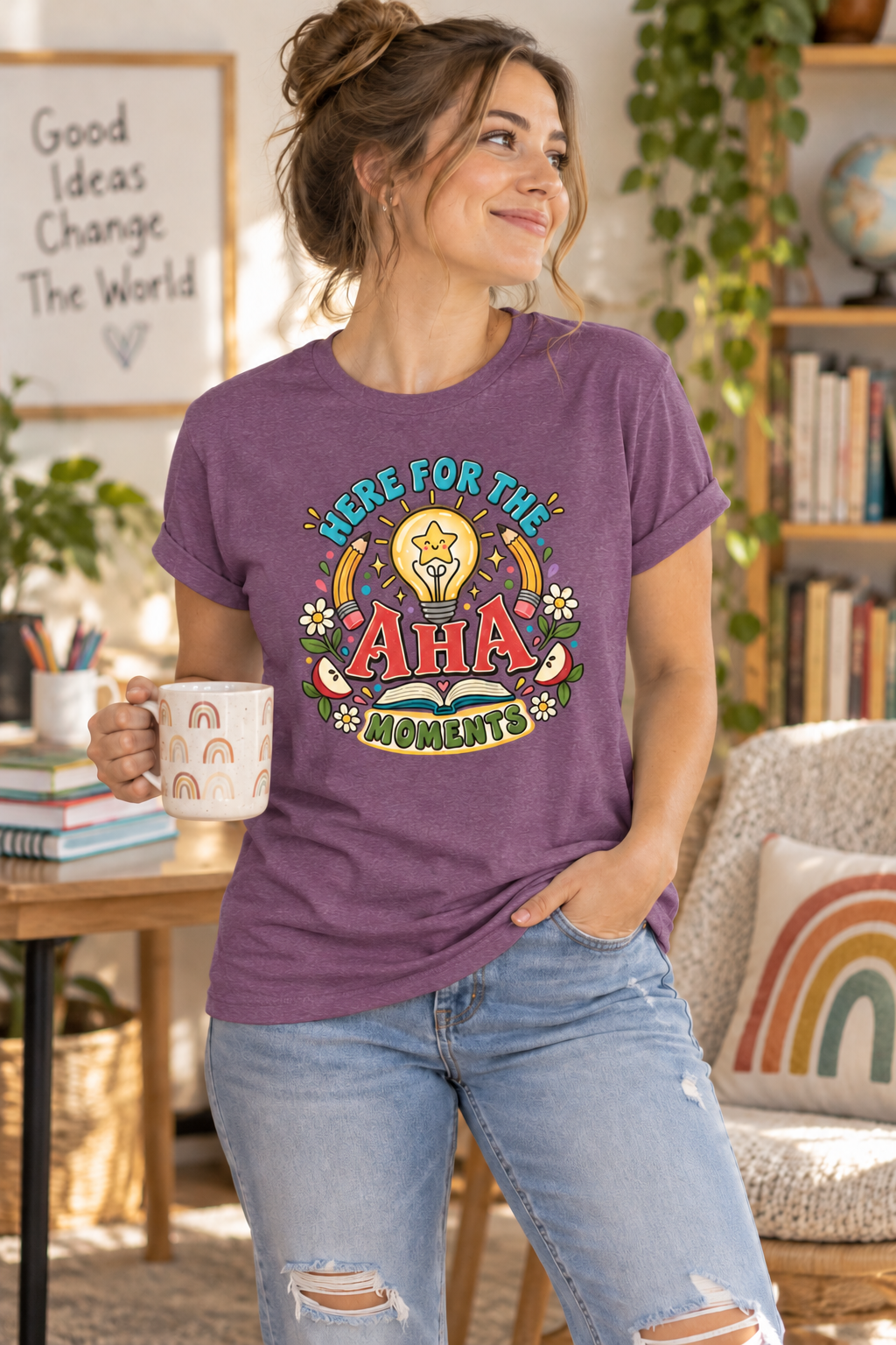 Aha Moments T-Shirt — 'Here for the Aha Moments' Lightbulb Graphic Tee