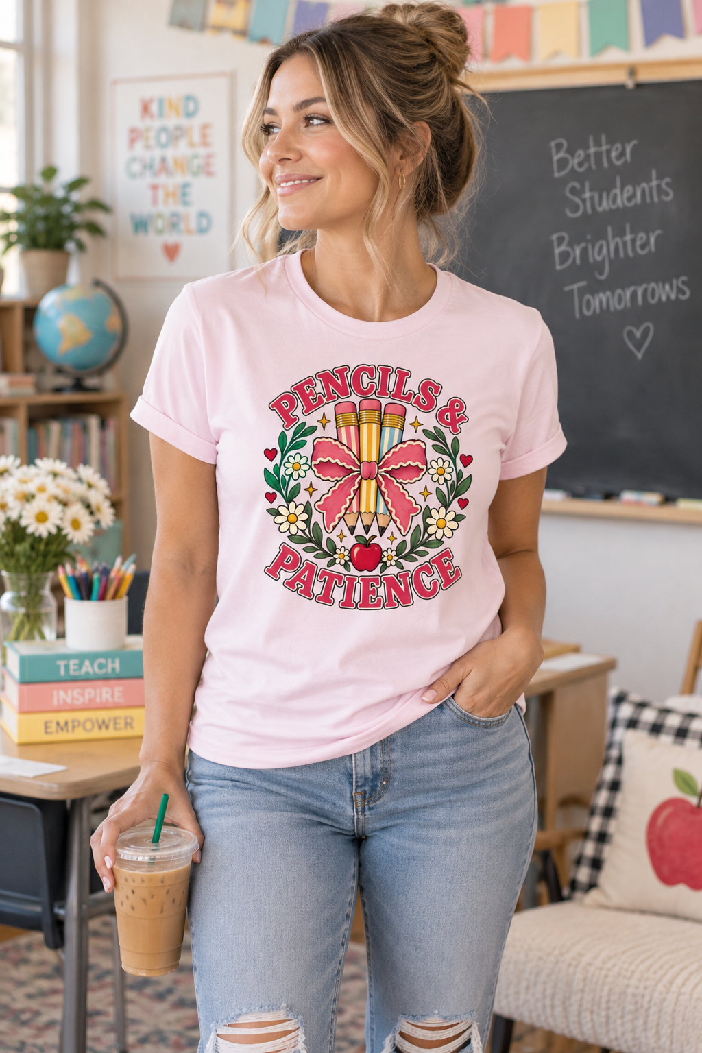 Pencils & Patience Teacher Graphic T-Shirt — Floral Pencil Bouquet Design