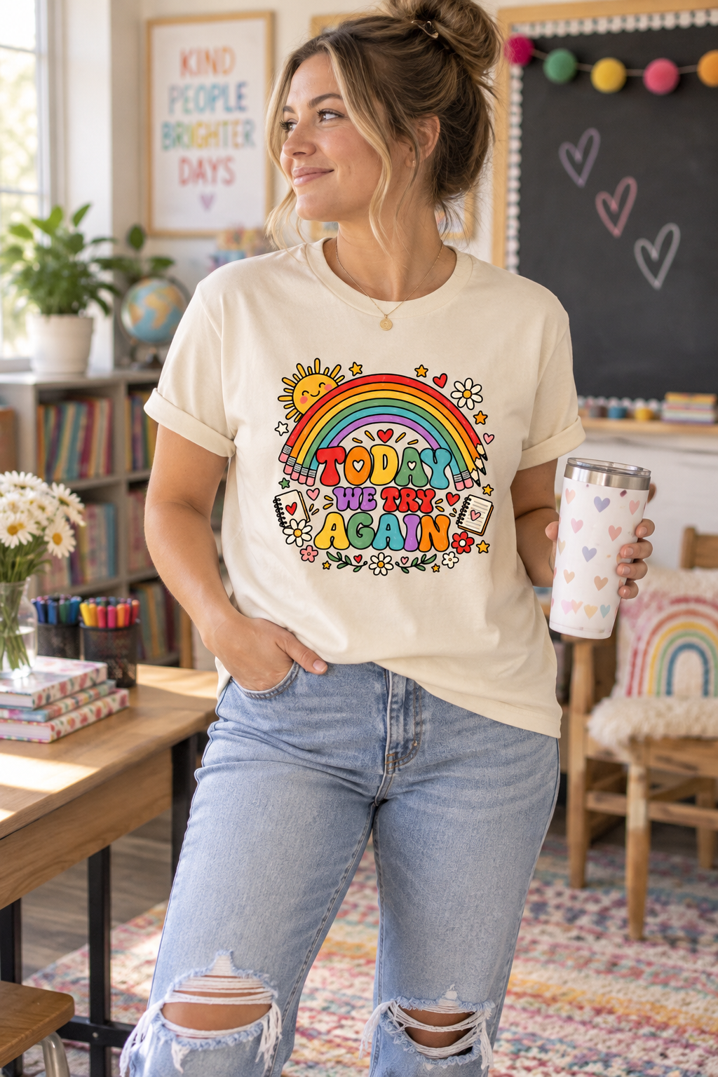 T-Shirt — "Today We Try Again" Retro Rainbow Positive Tee